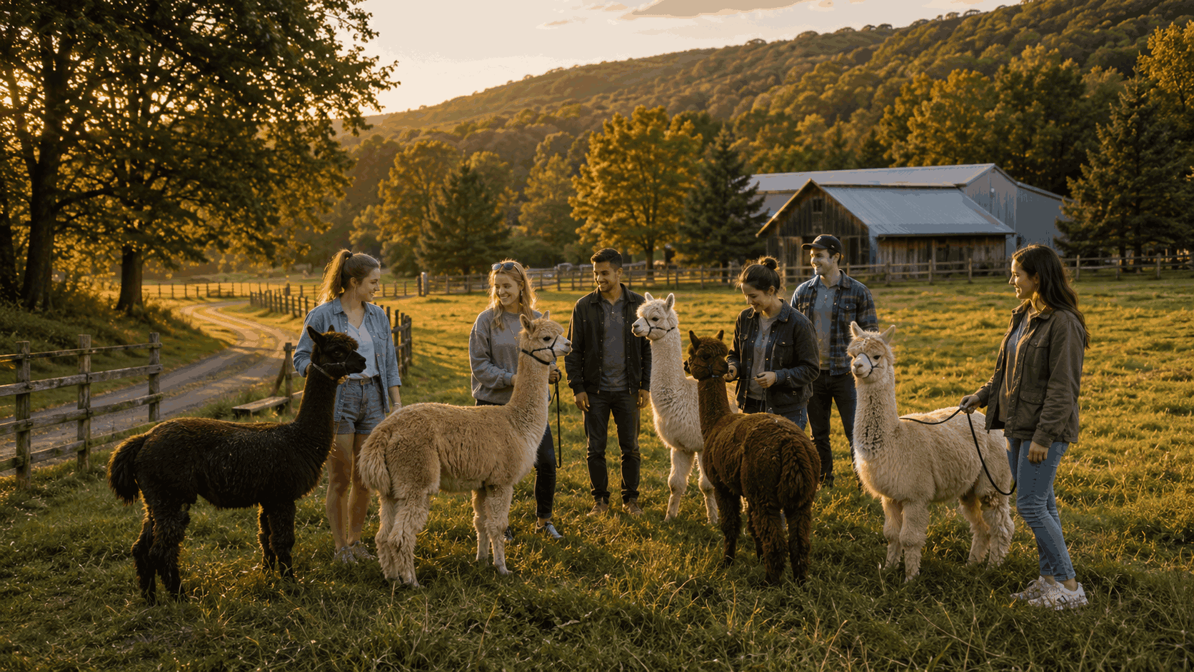 Golden-hour alpaca farm gathering at Pleasant Valley