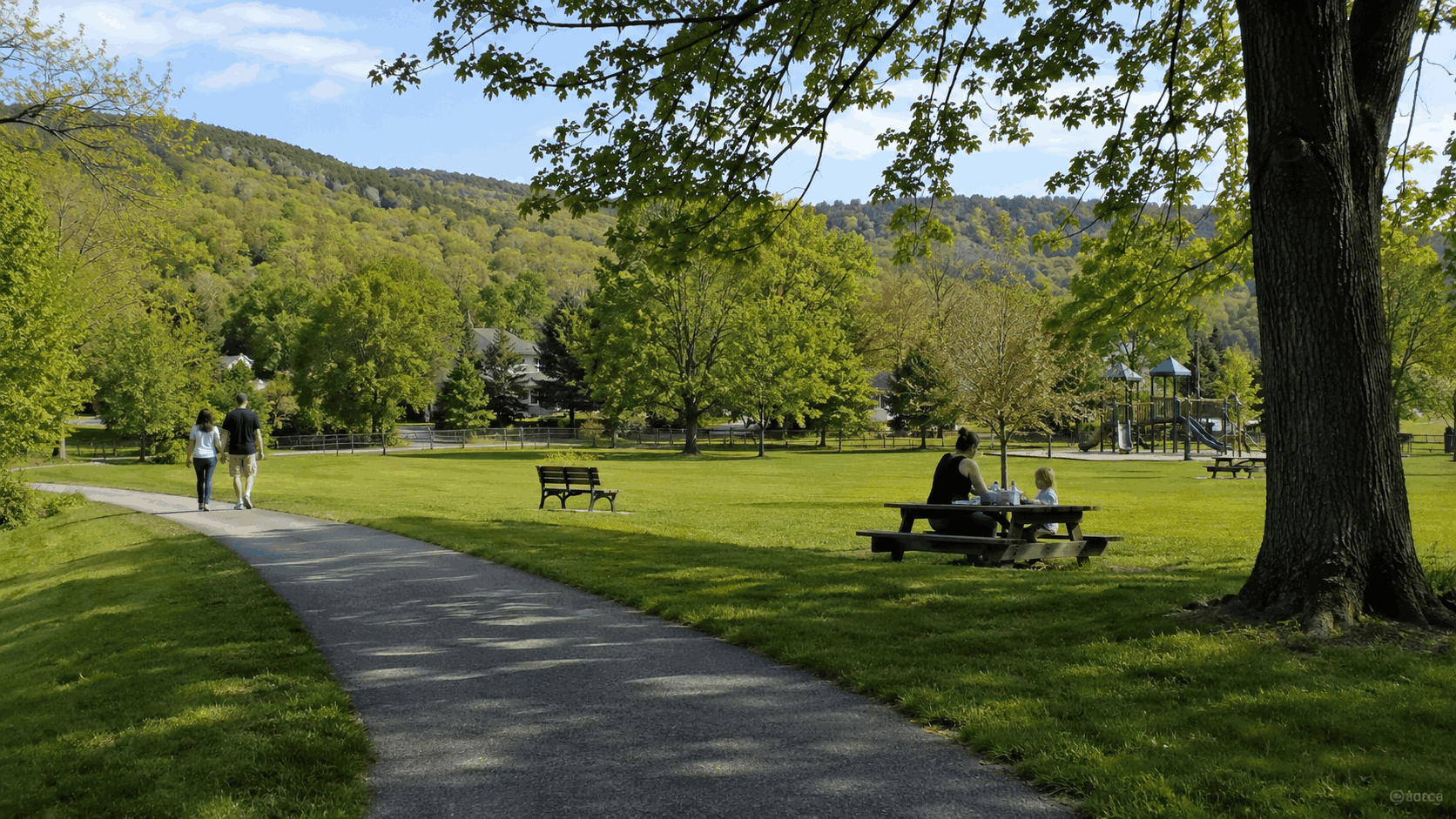 Sunny park walk on a spring day