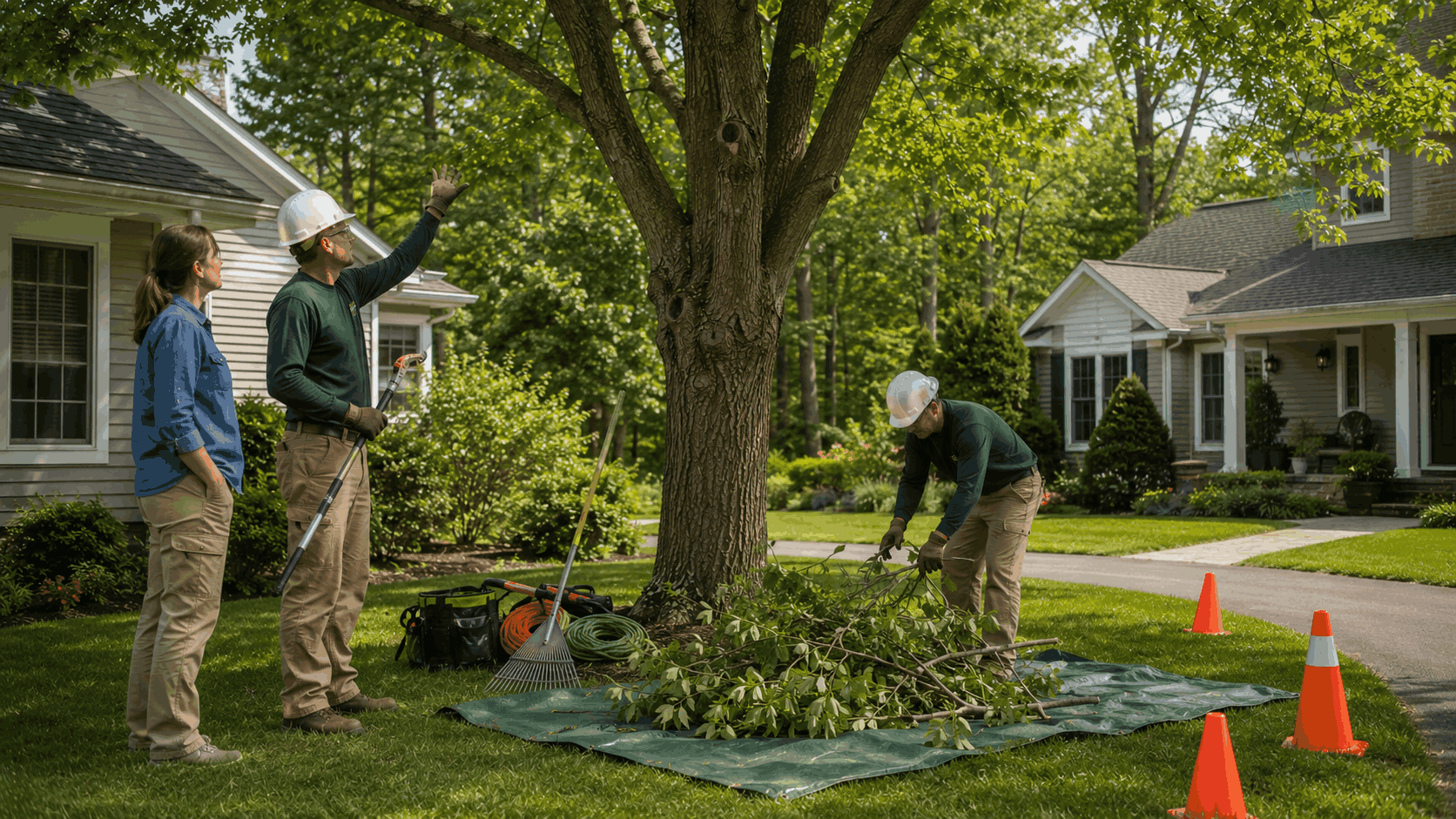 Tree care in suburban yard