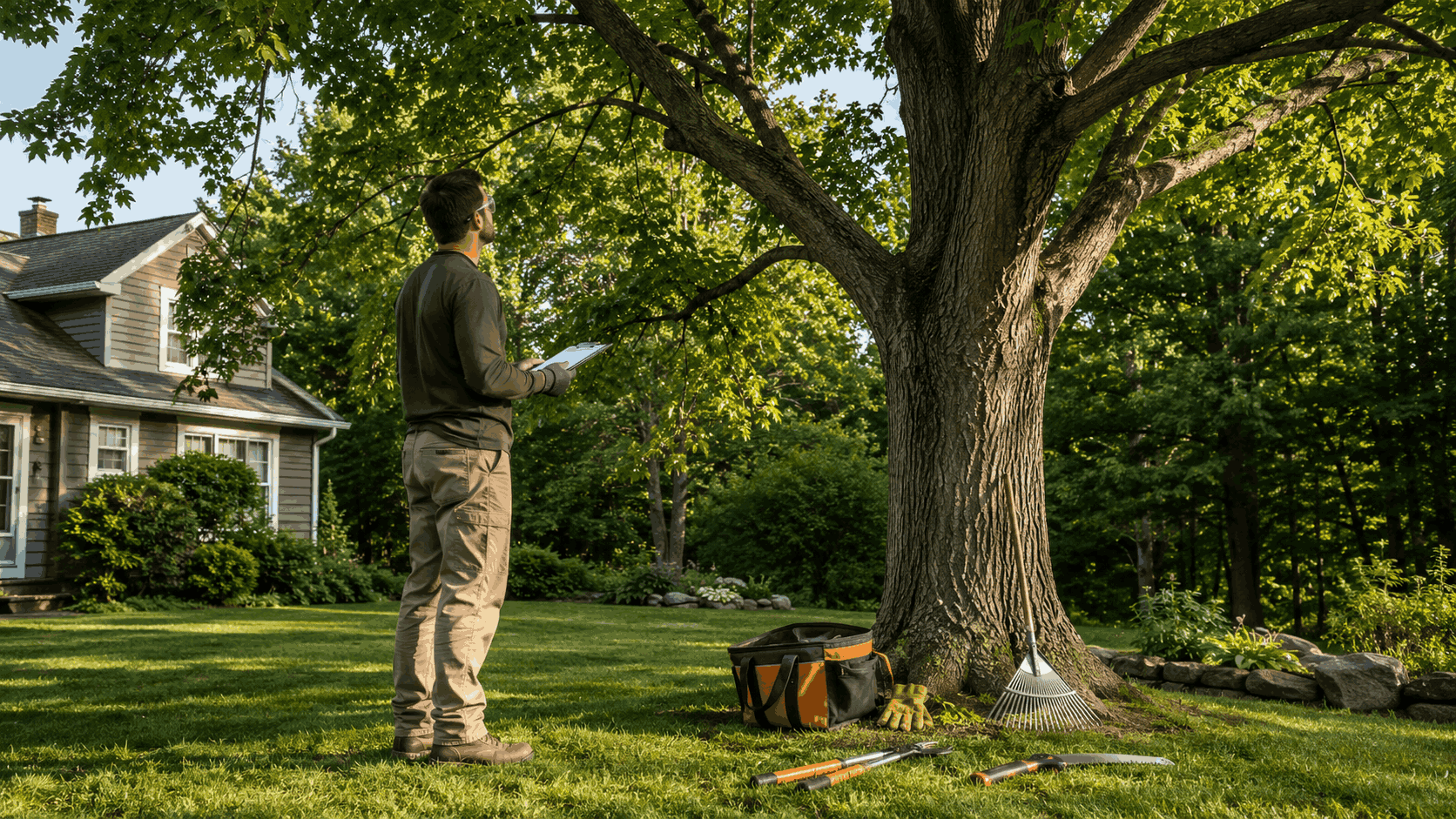 Tree inspection in suburban backyard