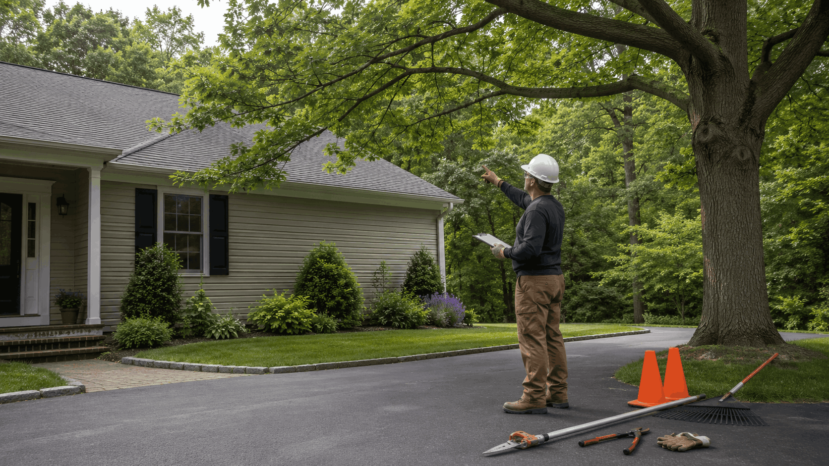 Tree inspection in suburban yard