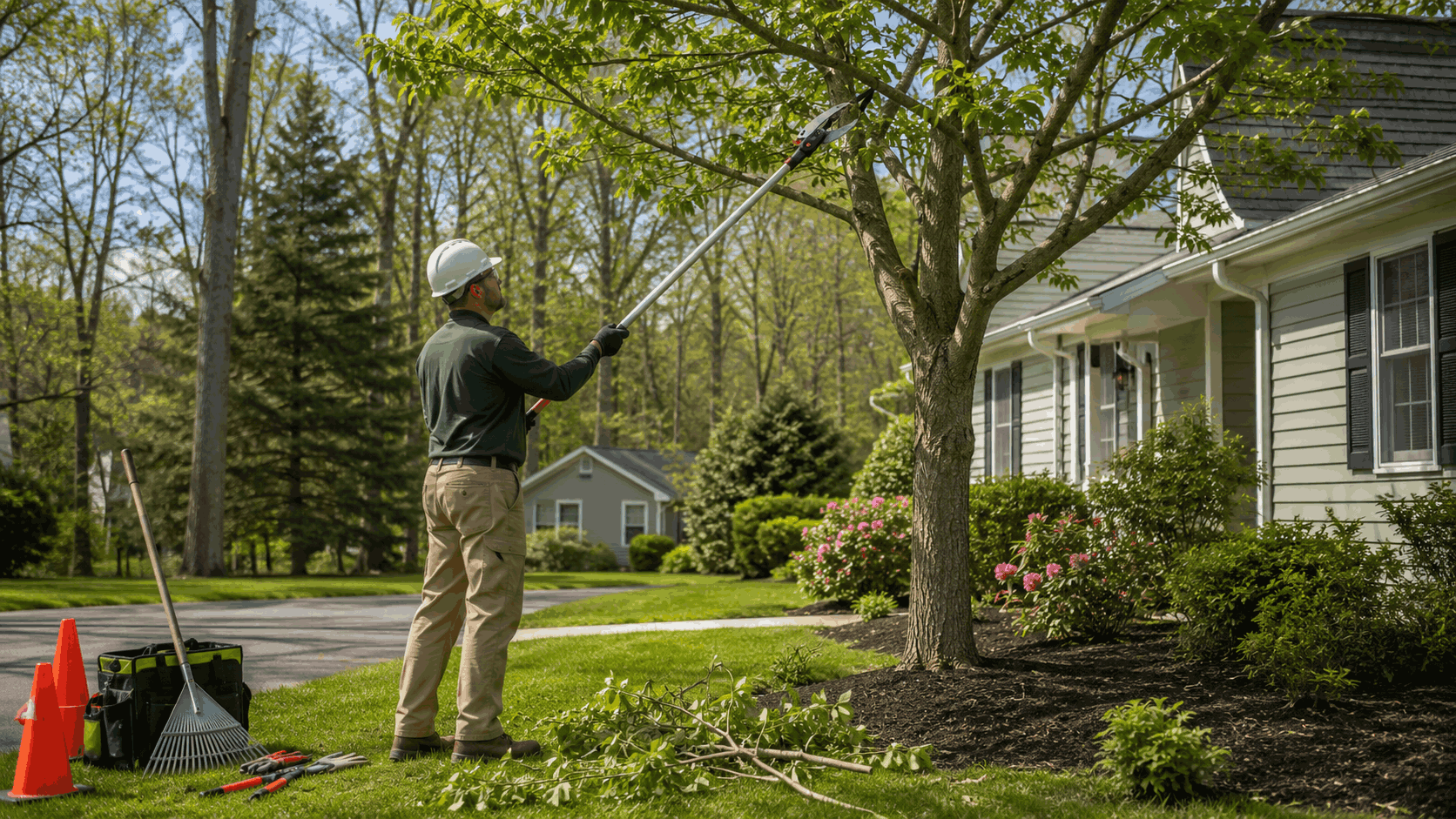 Tree trimming in suburban yard